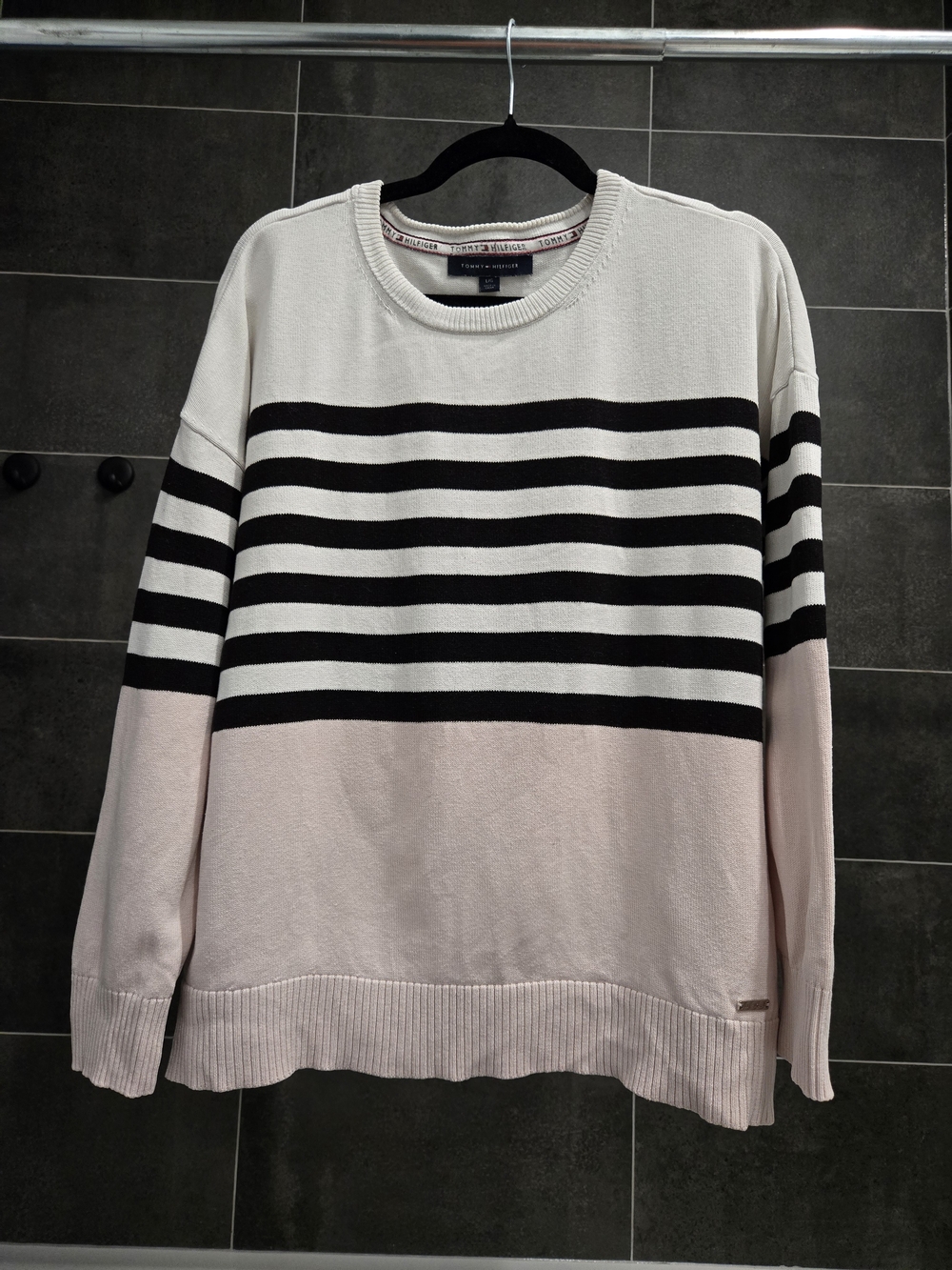 Tommy Hilfiger Striped Crewneck Sweater in Cream, Black & Light Pink